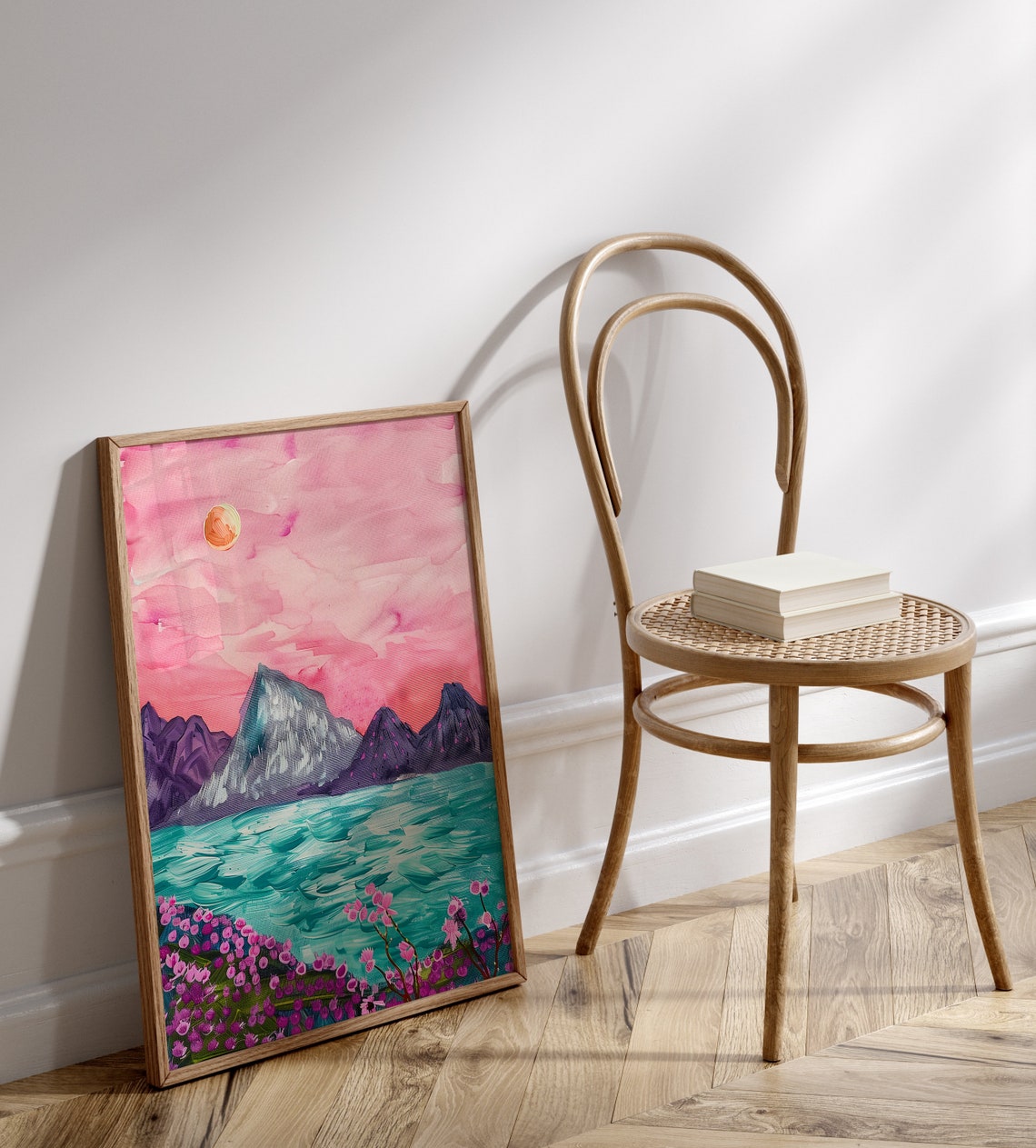 Pink Sky Over A Teal Mountain Lake With Wildflowers Art Print - Image 2