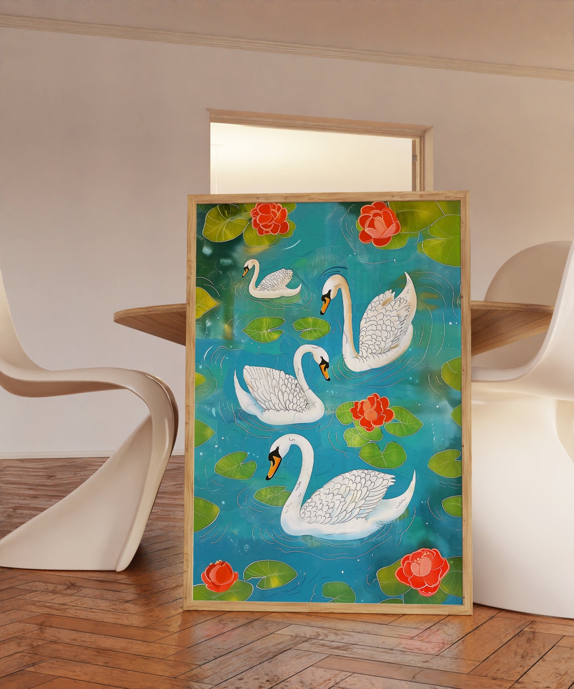 Four White Swans Teal Pond Lotus Blossom Magical Artwork Poster - Image 2