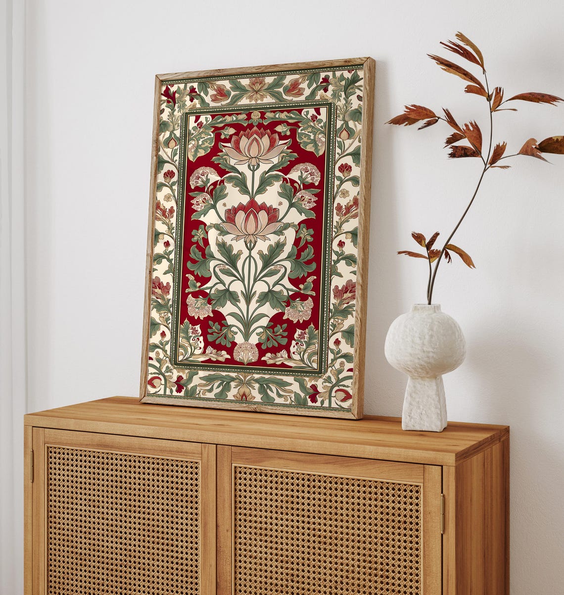 Indian Folk Style Red Lotus Border Botanical Ornate Wall Art - Image 3
