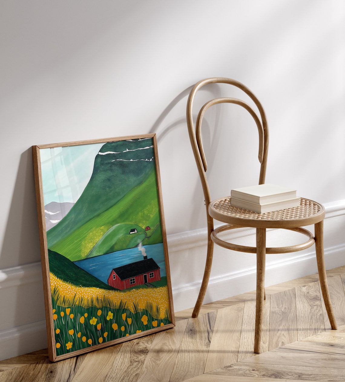 Faroe Islands Red Cabin Green Mountain Lake Flowers Scene Print - Image 2