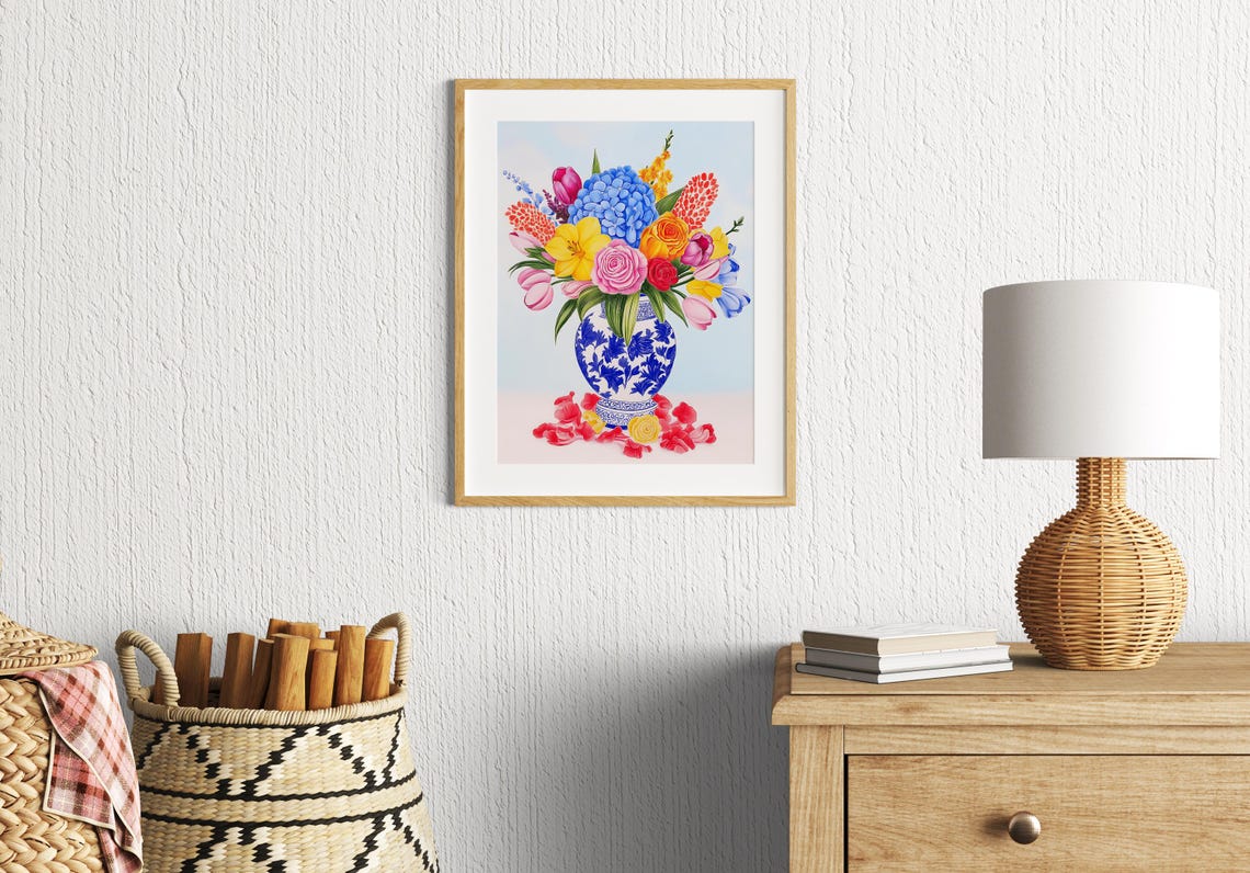 Hydrangea Rose And Tulip Bouquet In Blue And White Vase Art Print - Image 3