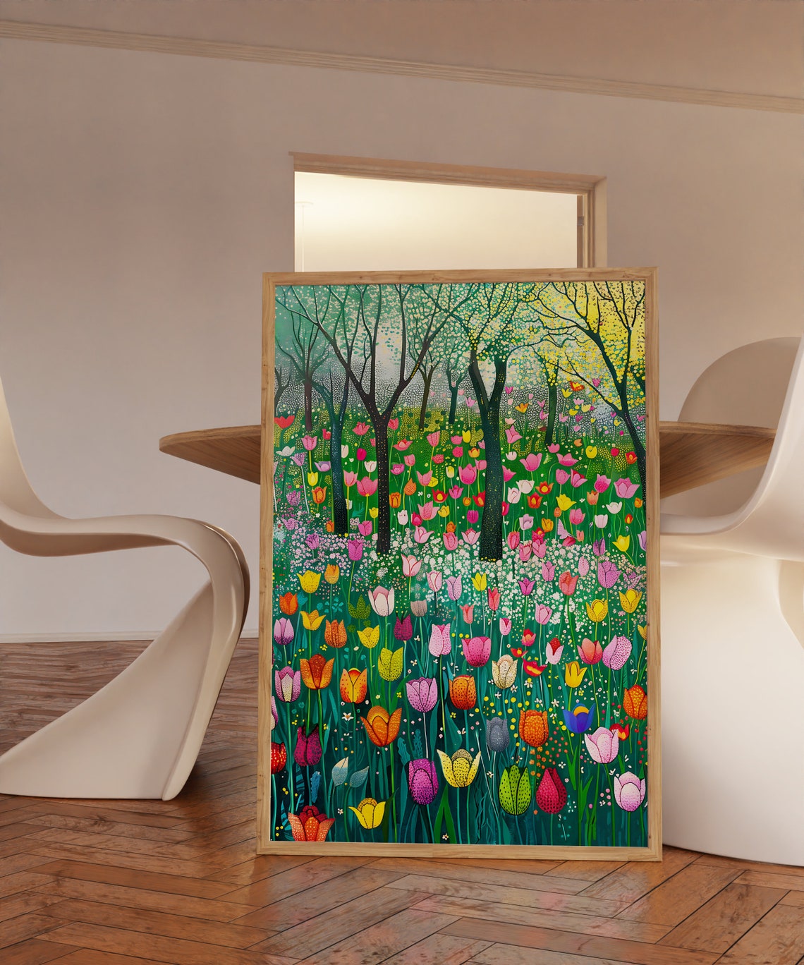 Colorful Tulip Field With Dotted White Trees Spring Art Print - Image 3