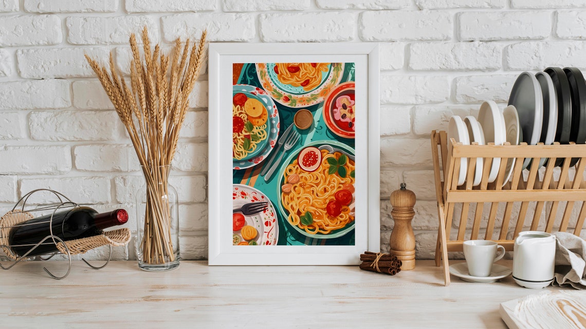 Italian Pasta Dinner Table Spaghetti Bowls Colorful Food Print - Image 3