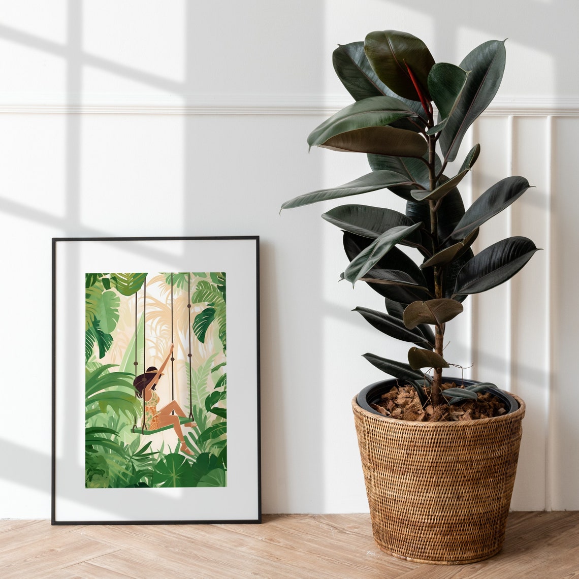 Woman On A Rope Swing In A Lush Tropical Jungle Illustration Poster - Image 2