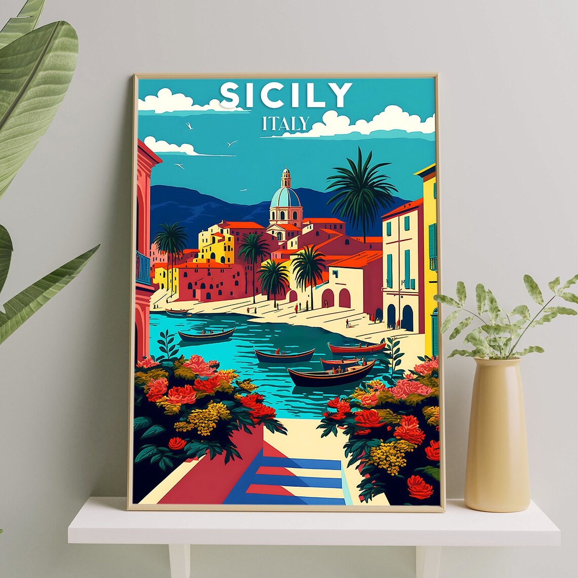 Italy Sicily Travel Poster, Landscape Wall Art Print