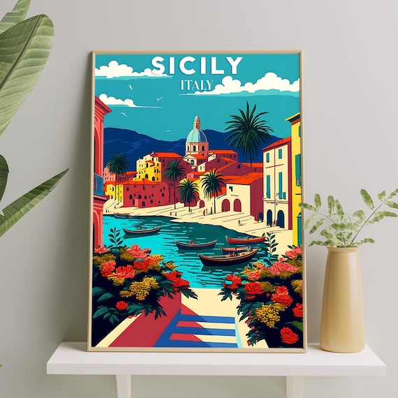 Italy Sicily Travel Poster, Landscape Wall Art Print
