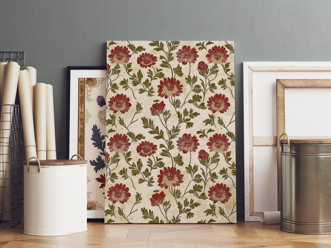 Vintage Floral Pattern Red Blossoms Green Vines Cream Wall Art - Image 3