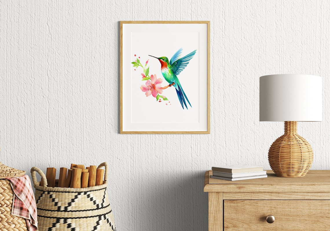 Hummingbird Bird Painting Floral Wall Art Print