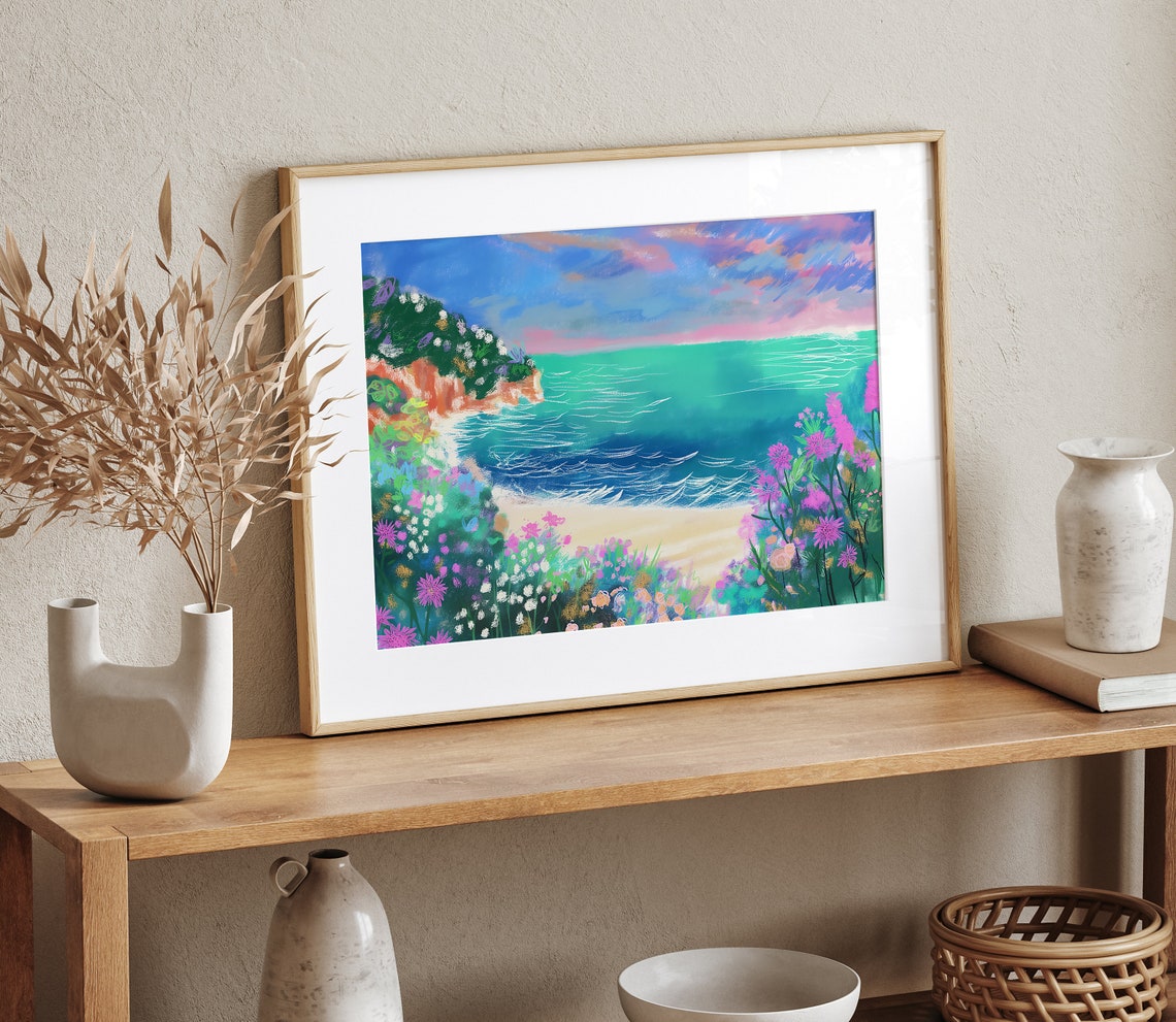 Coastal Cove Seascape Wildflowers Turquoise Sea Sunset Poster - Image 3