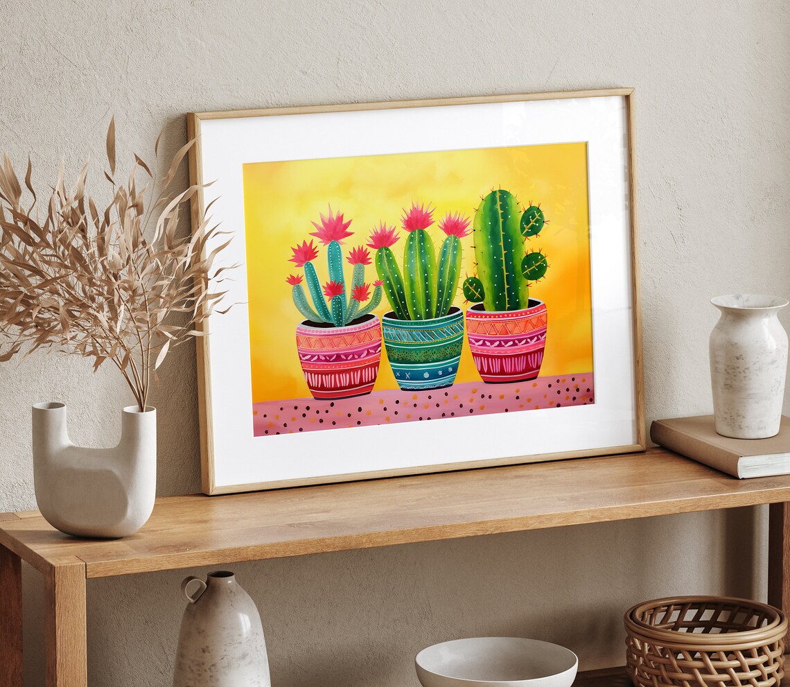 Cactus Folk Art Painting, Mexico Floral Art Print - Image 3