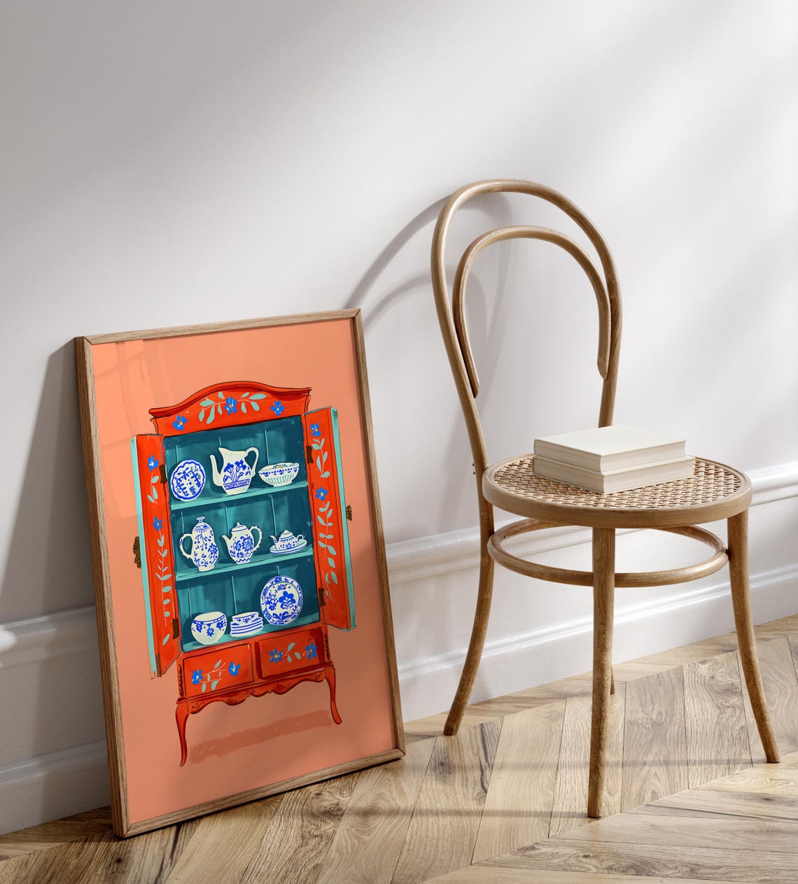 Red Painted Hutch With Blue White Porcelain Collection Poster - Image 3