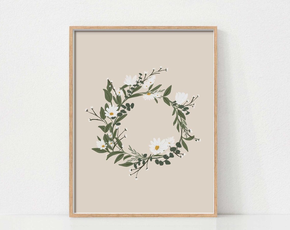 Spring Daisy Wreath Art Print, Neutral Floral Decor