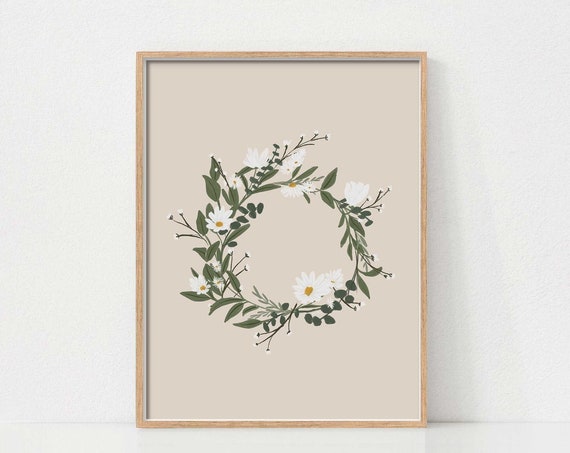 Spring Daisy Wreath Art Print, Neutral Floral Decor
