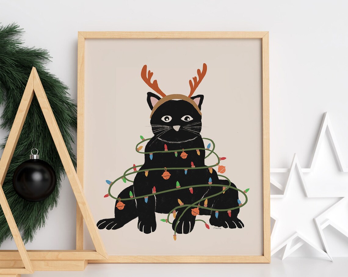Christmas Cat Art, Reindeer Cat Christmas Print - Image 3