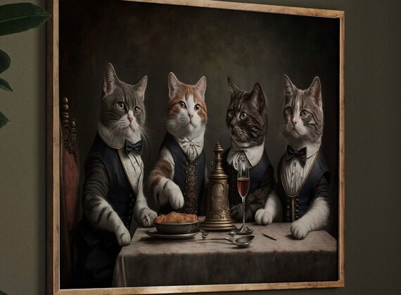 Cats In Formal Wear Dining Together Vintage Dark Oil Style Poster