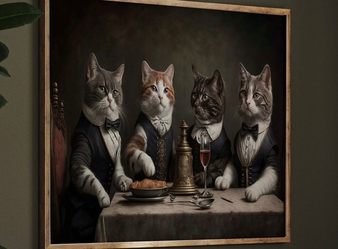 Cats In Formal Wear Dining Together Vintage Dark Oil Style Poster