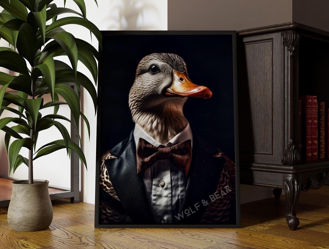 Dapper Duck Tuxedo Brown Bow Tie Altered Animal Portrait Poster