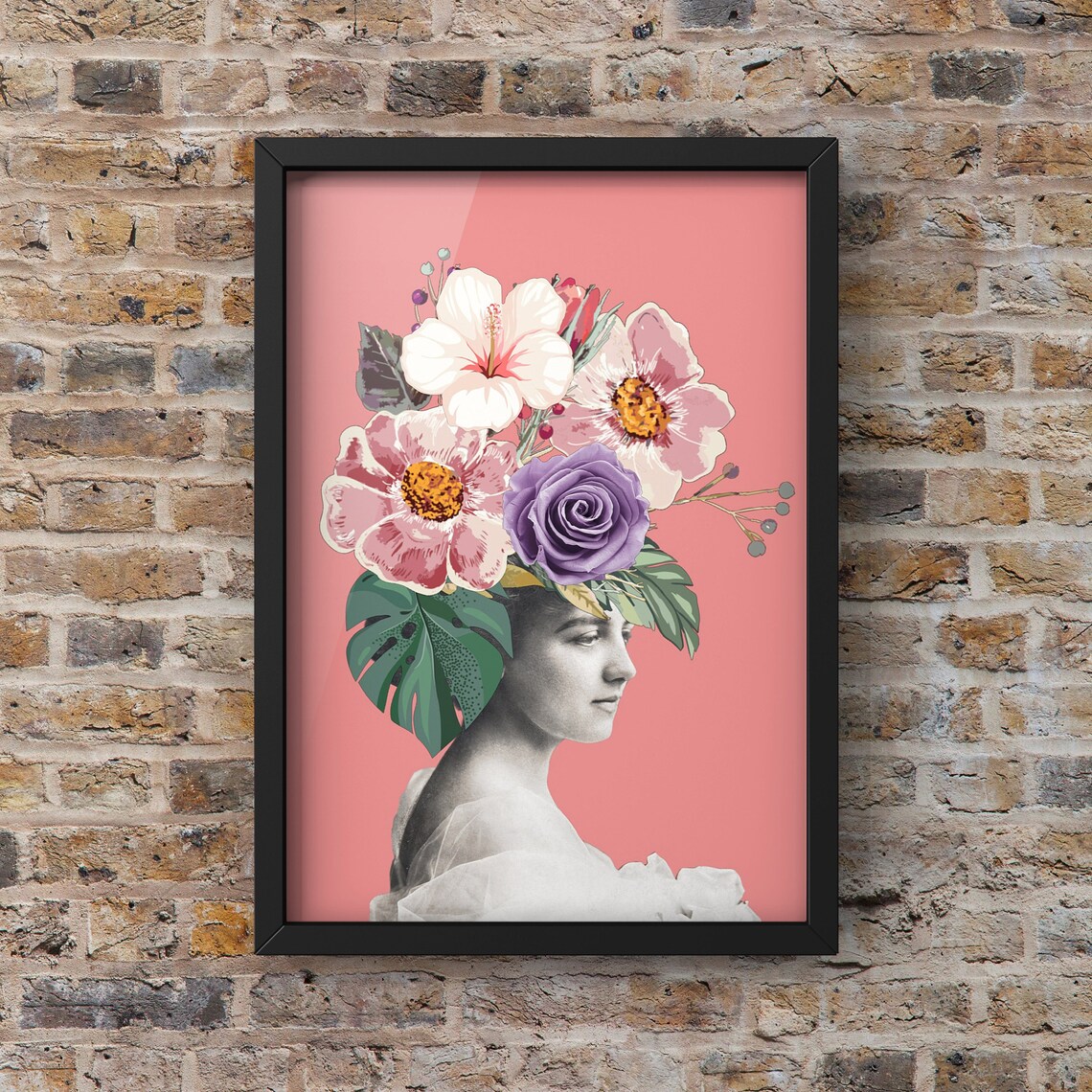 Vintage Woman With Bold Floral Headdress Pink Botanical Poster