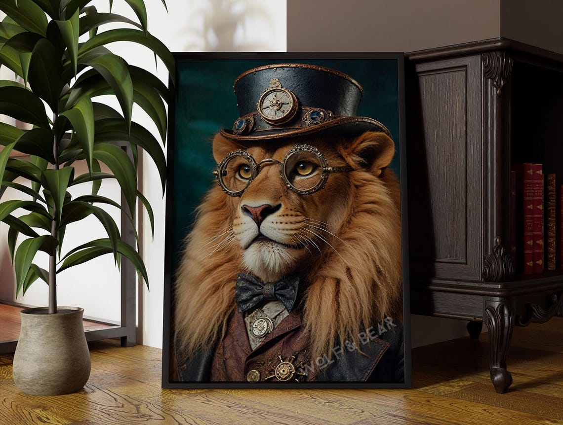 Steampunk Lion Altered Portrait Art Print