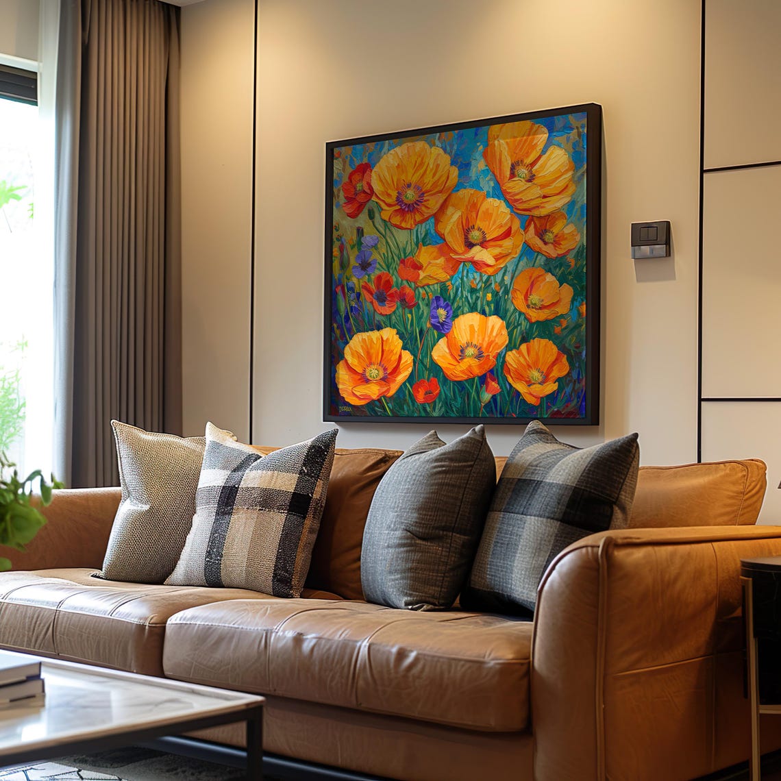 Orange Blossoms On Blue Backdrop Expressionist Flower Art Poster