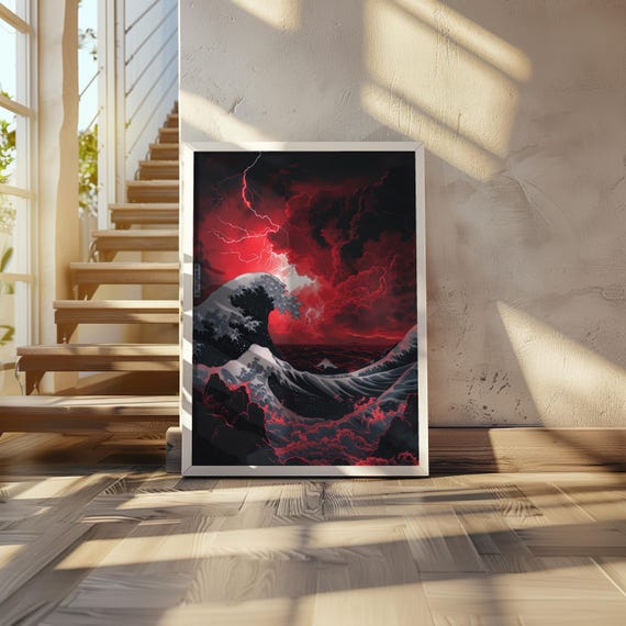 Ocean Wave Lightning Synthwave Poster Pixel Art Print Cinematic High Contrast Monochrome Vibe Retro Futurism Cyber 20 X 28