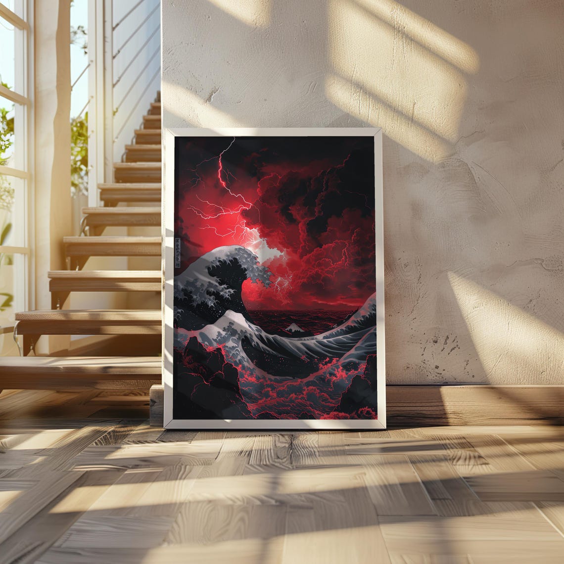 Great Ocean Wave Under Crimson Storm Sky Japanese Style Art Poster