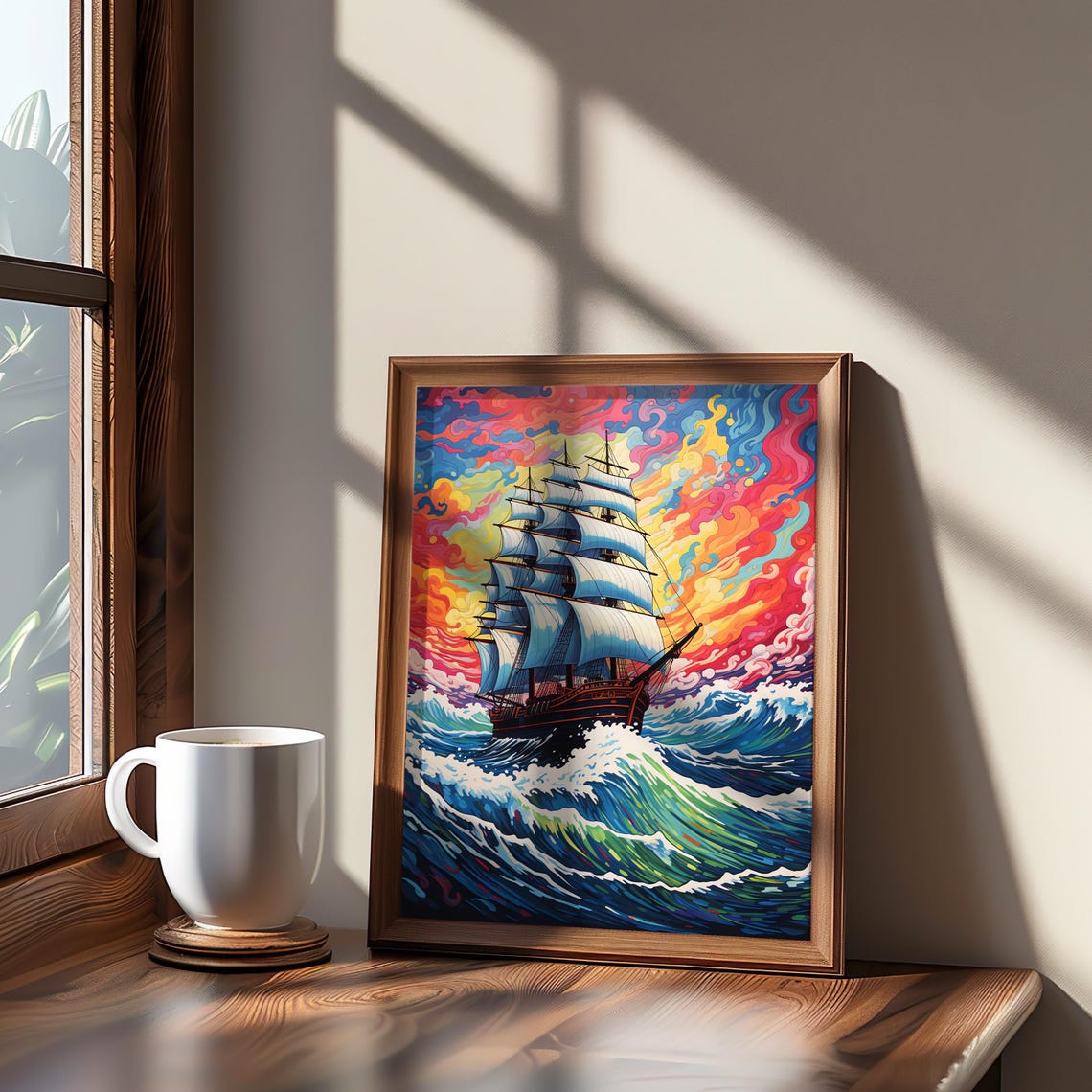 Tall Ship Psychedelic Colorful Waves Sunset Ocean Art Poster