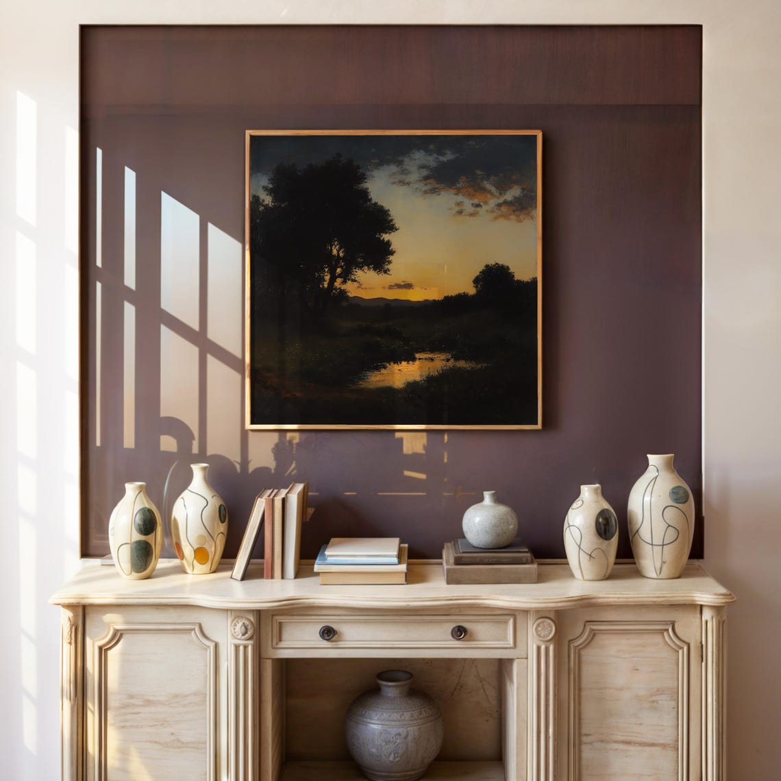 Impressionist River Sunset Golden Water Silhouette Trees Art Poster