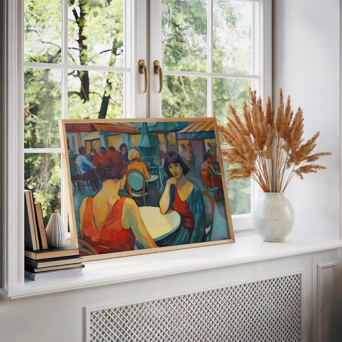 Two Women At Paris Cafe Table Warm Impressionist Painting Poster