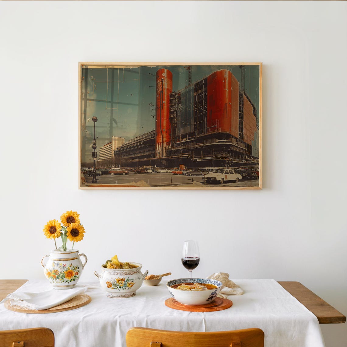 Vintage Building Under Construction Retro Cityscape Duotone Wall Art