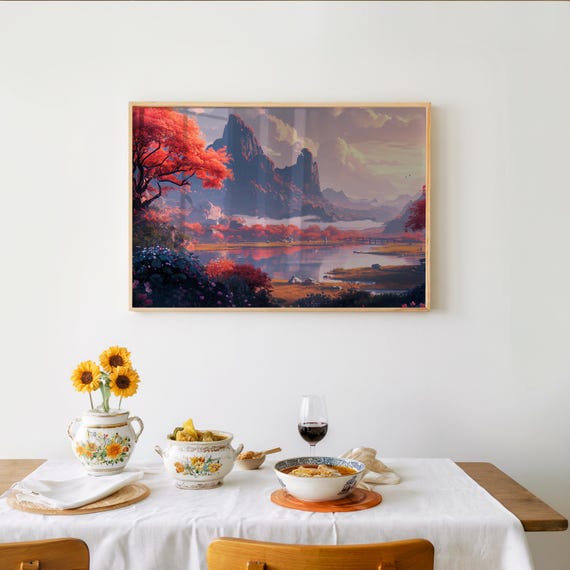 Mountain Lake Landscape Impressionist Retrofuturism 3d Pixel Art Warm Palette Vintage Style Home Decor Wall