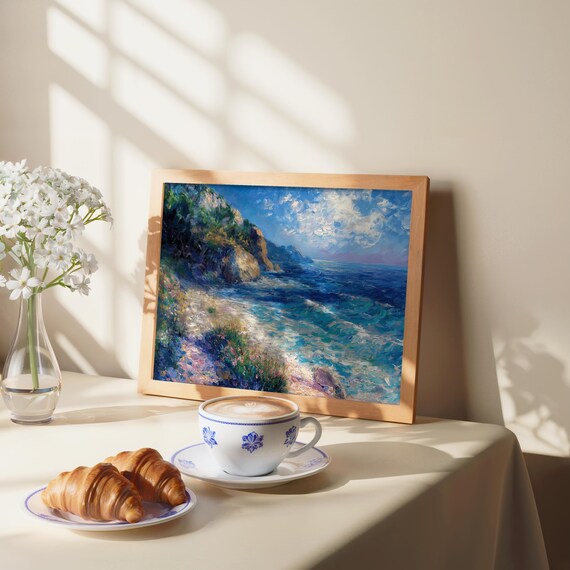 Impressionist Coastal Cliff Ocean Waves Textured Seascape Art Poster