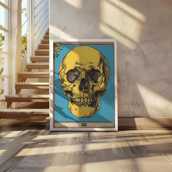 Psychedelic Tarot Card Poster Skull Sun High Contrast Cool Tones Detailed 160 Screen Print Vibrant Wall Art 20 X 28