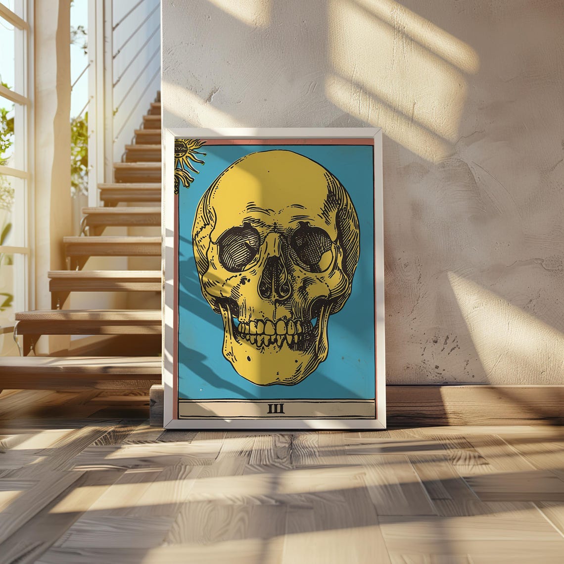 Skull Tarot Card Poster Yellow Skull On Teal Vintage Occult Art