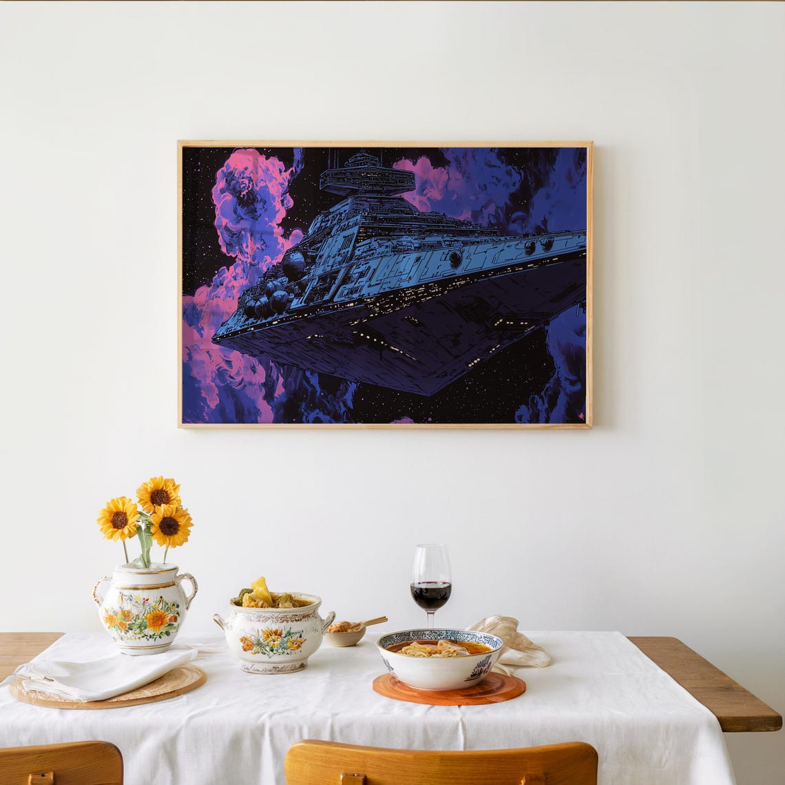 Star Destroyer Starship in Purple Nebula Star Wars Style Poster