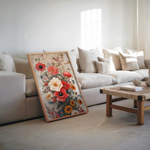 Red Poppies Wildflower Bouquet Vintage Botanical Floral Art Poster
