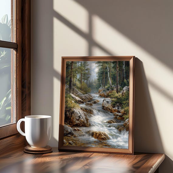 Forest Stream Oil Painting Poster Photorealistic Impressionism Pastel Colors Dreamy Vibe High Detail Art Print Wall Dcor