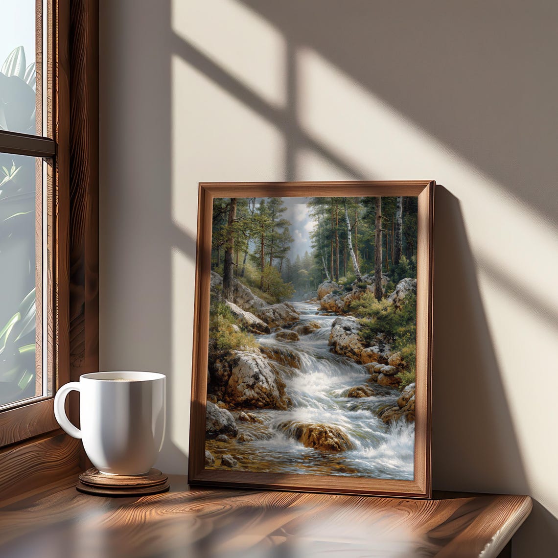 Forest Mountain Stream Oil Painting Rapids and Pine Trees Poster