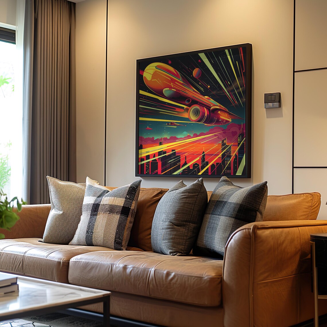 Retrofuturism Art Deco Poster Vibrant Neon Colors Cinematic Cityscape Vector Spaceship Night Flight Screen Print