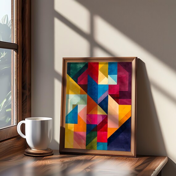 Vibrant Abstract Cubism Art Maximalist Poster Retro Collage Print Gouache Muted Colors Geometric Square