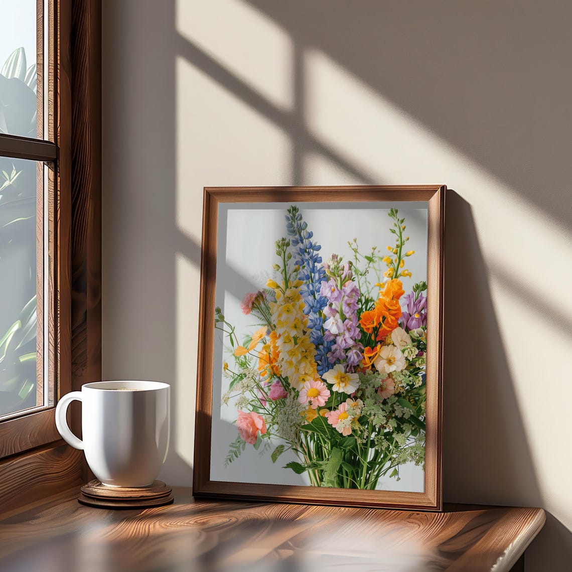 Colorful Wildflower Bouquet White Background Midcentury Art Print