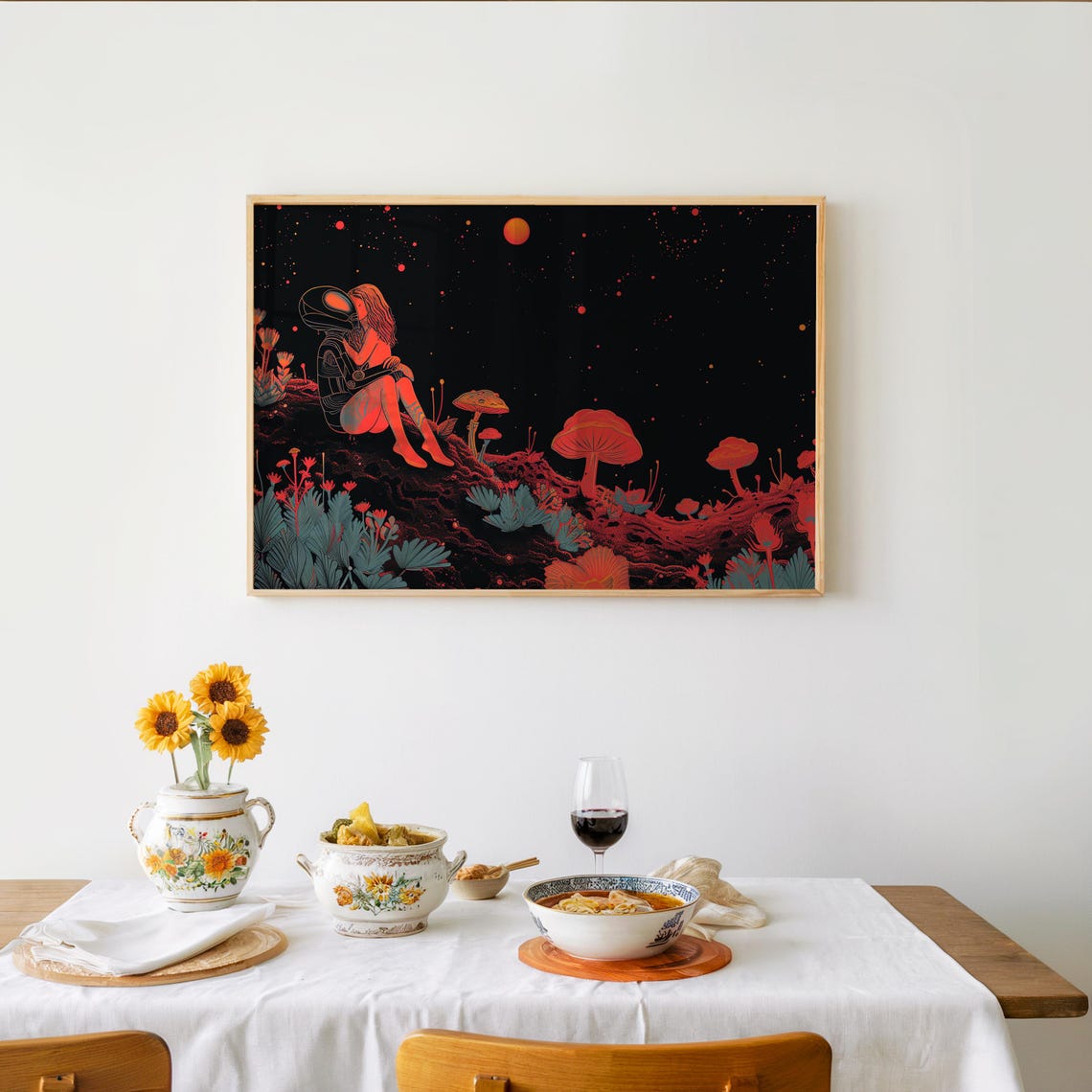 Astronaut Embracing Woman on Alien Mushroom Planet Starry Sky Poster