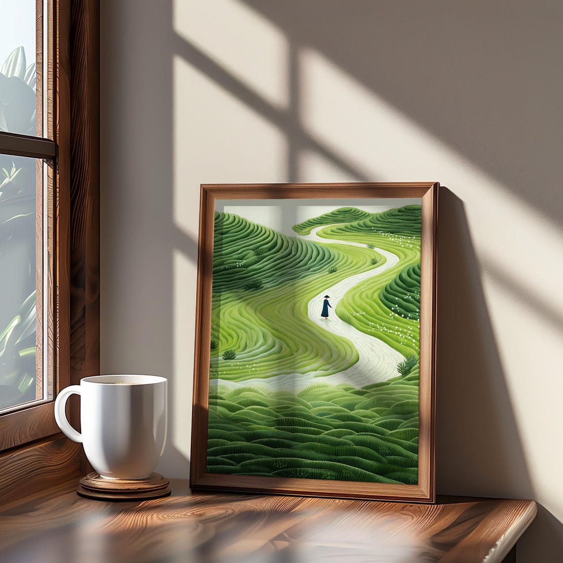 Green Rice Terrace Hills Wanderer Path Illustrated Landscape Poster