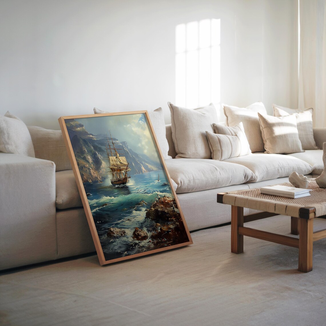 Tall Ship Rocky Coast Ocean Cinematic Oil Painting Vintage Poster