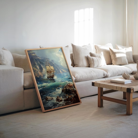 Tall Ship Rocky Coast Ocean Cinematic Oil Painting Vintage Poster