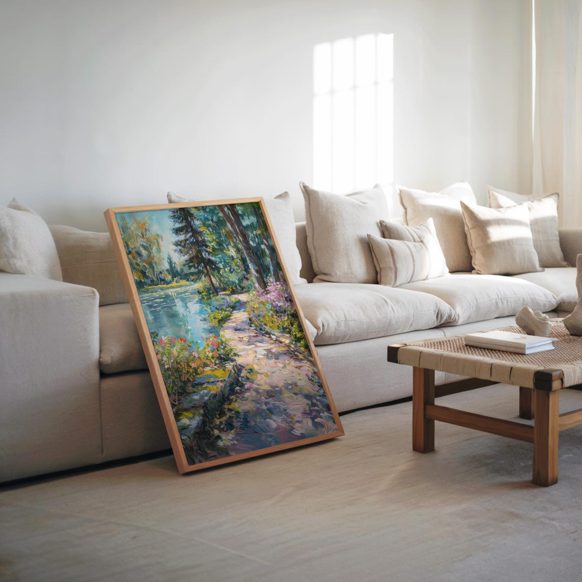 Sunlit Forest Water Path to Lake Impressionist Nature Wall Art