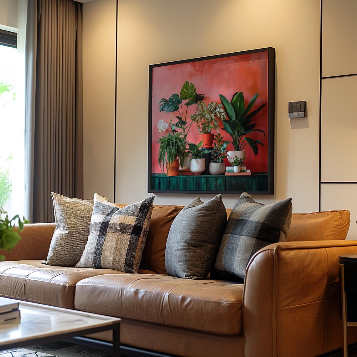 Lush Houseplants on Coral Red Wall Botanical Still Life Poster