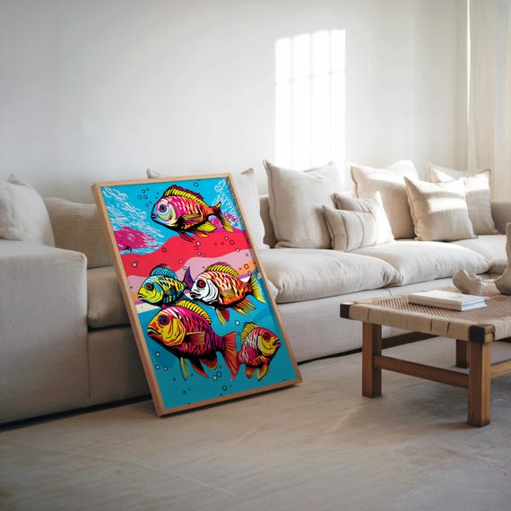 Psychedelic Fish Swarm Art Print Vibrant Colors Neon Palette Maximalist Style Vector Illustration Underwater Decor Aqu