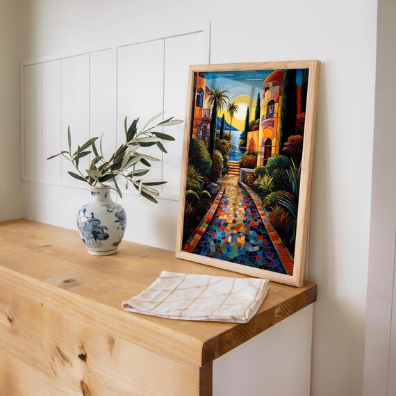 Colorful Mosaic Seaside Stairway Mediterranean Sunset Village Poster