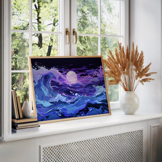 Vibrant Ocean Wave Moon Poster Vaporwave Psychedelic Art Neon Dreamy Vibe Illustration Painting Colorful Wall
